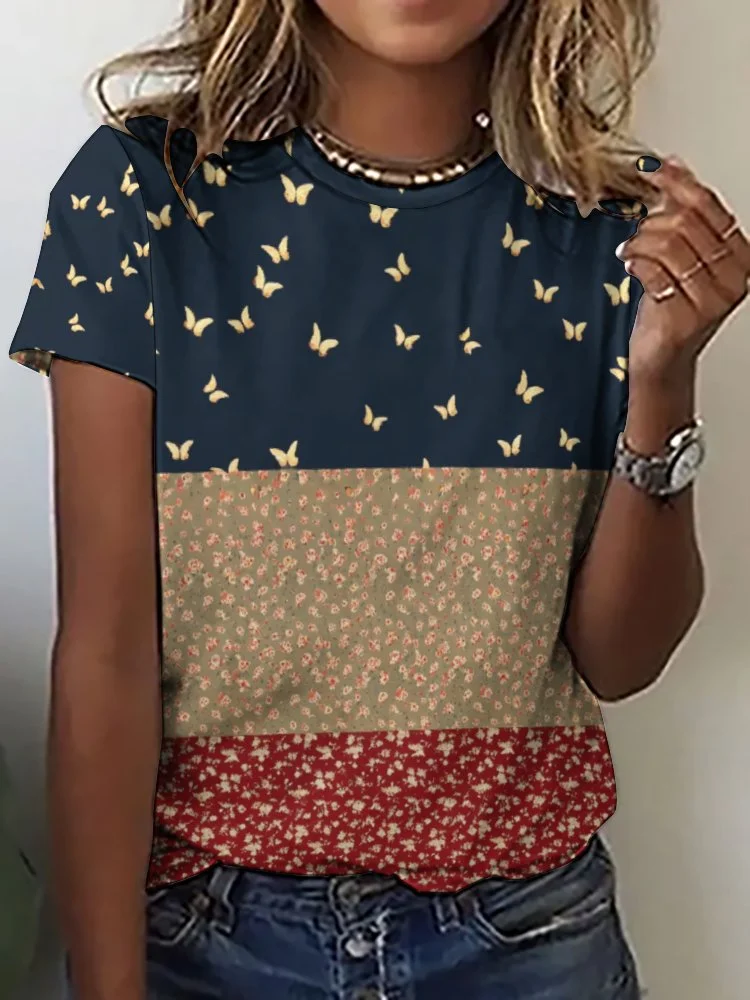 Printed Short Sleeve Casual T-shirt for  Women and Men Unisex Pattern Butterfly,Floral,Red,Light Coffe,Navy,Stitch