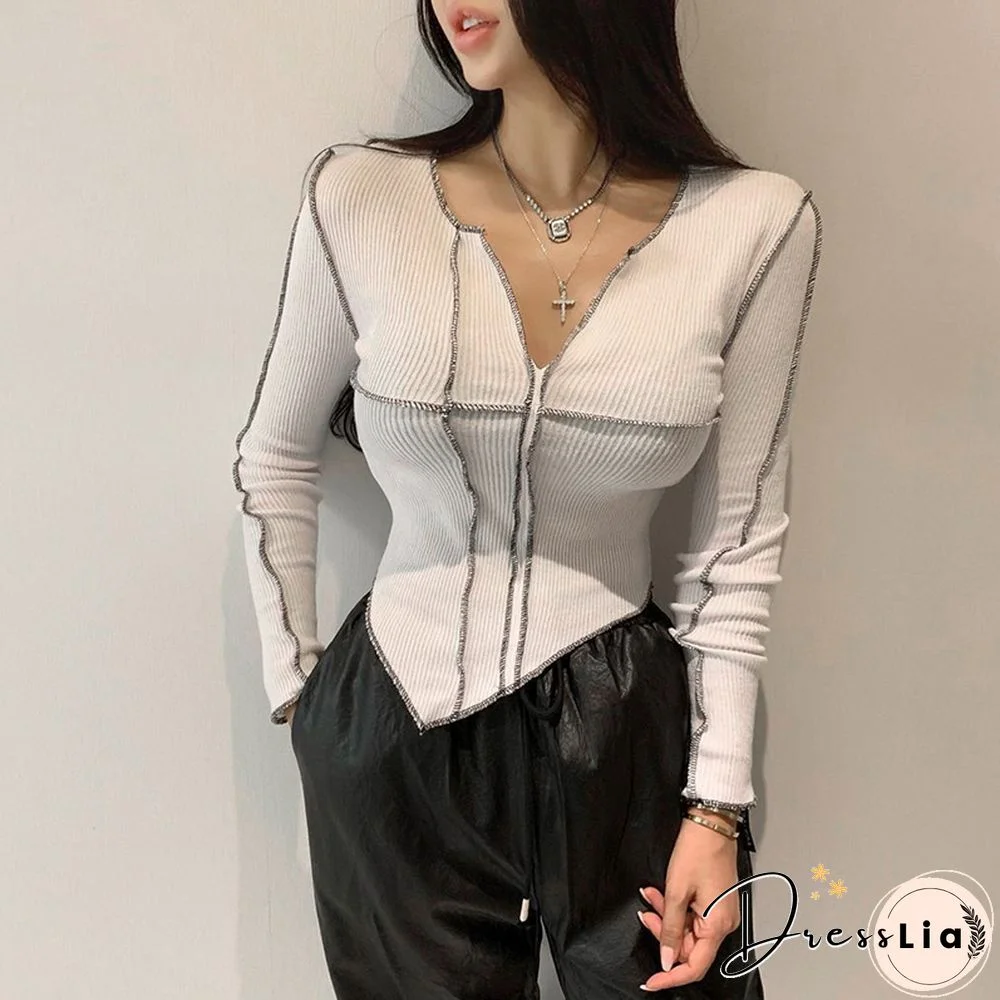 Creative Surface Thread Splicing Crop Tops Long Sleeve Cut V-Neck Slim Wild Chic Casual Irregular Hem T-shirt Slim Base Shirt
