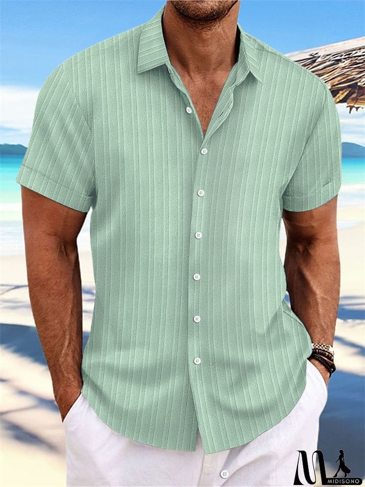 MidiSono - Men's Striped Texture Cotton Linen Short Sleeve Shirt