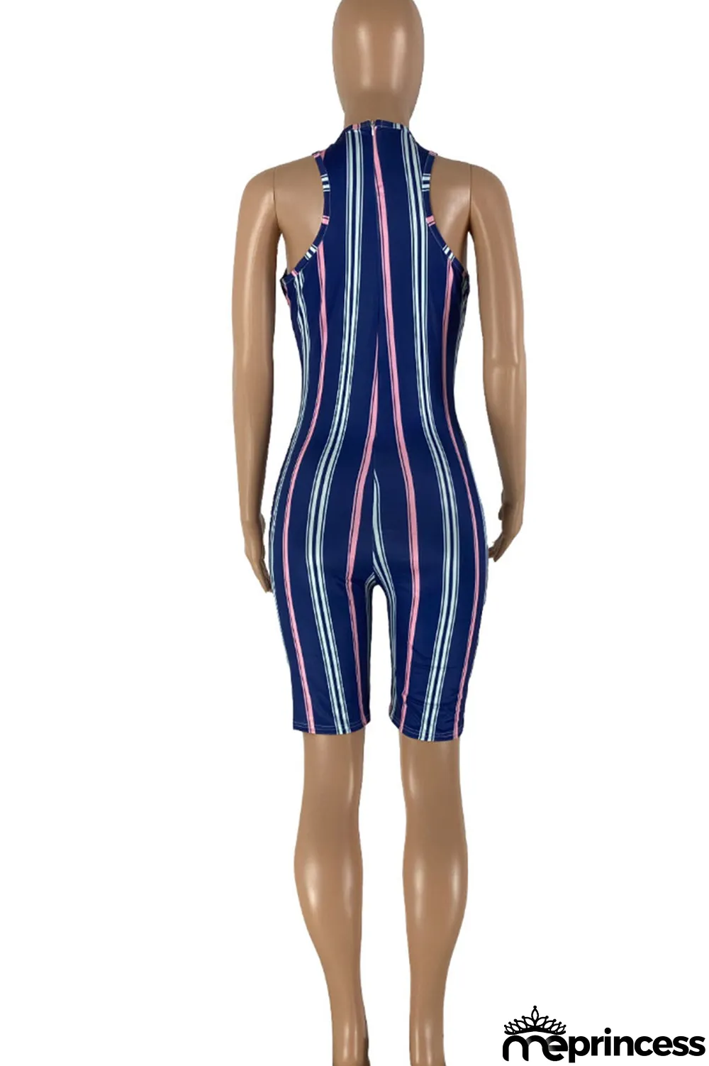 Blue Casual Striped Print Split Joint U Neck Regular Jumpsuits