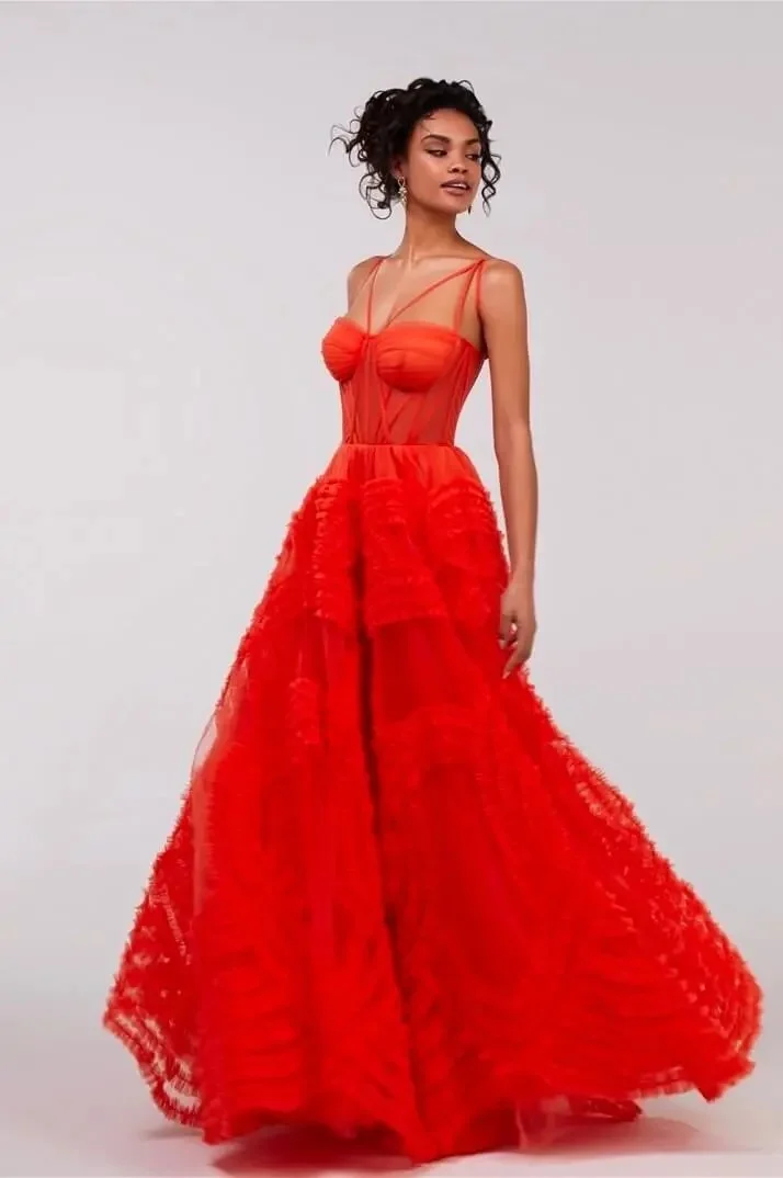 Miabel Chic Tulle Bright Orange Sleeveless Spaghetti Strap  Long Prom Dress with Ruffles 