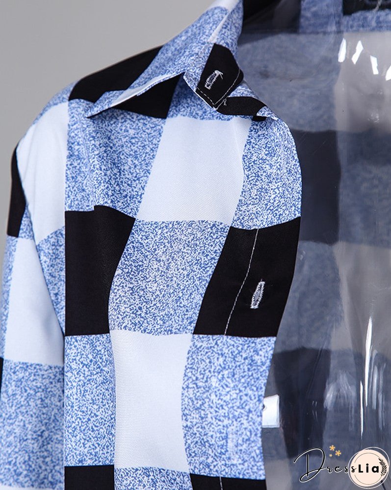 Plaid Colorblock Shirt & Tight Wasit Pleated Skirt Sets