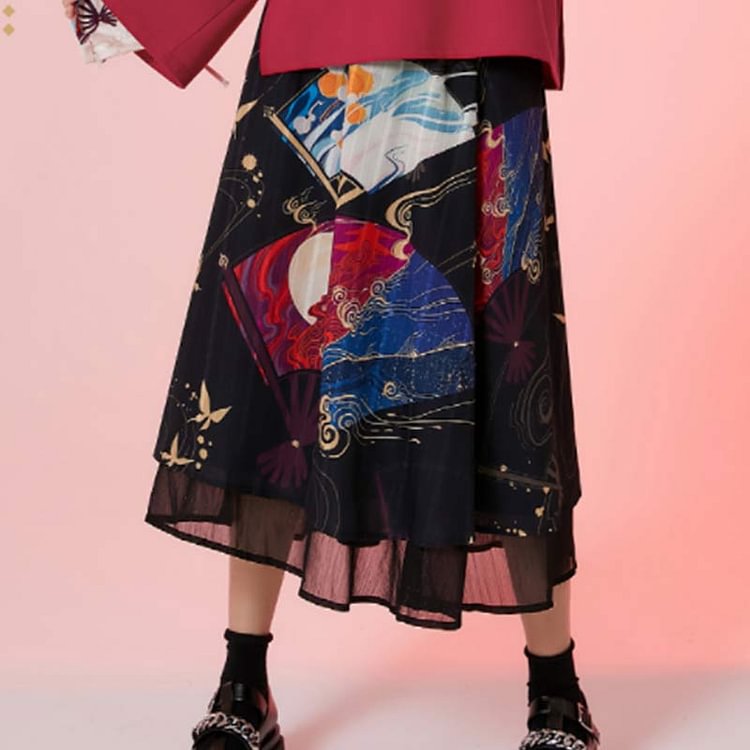 Vintage Butterfly Print A-line Skirt - Modakawa Modakawa