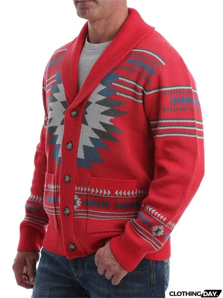 Stylish Red Charming Jacquard Lapel Sweater Men's T-shirts