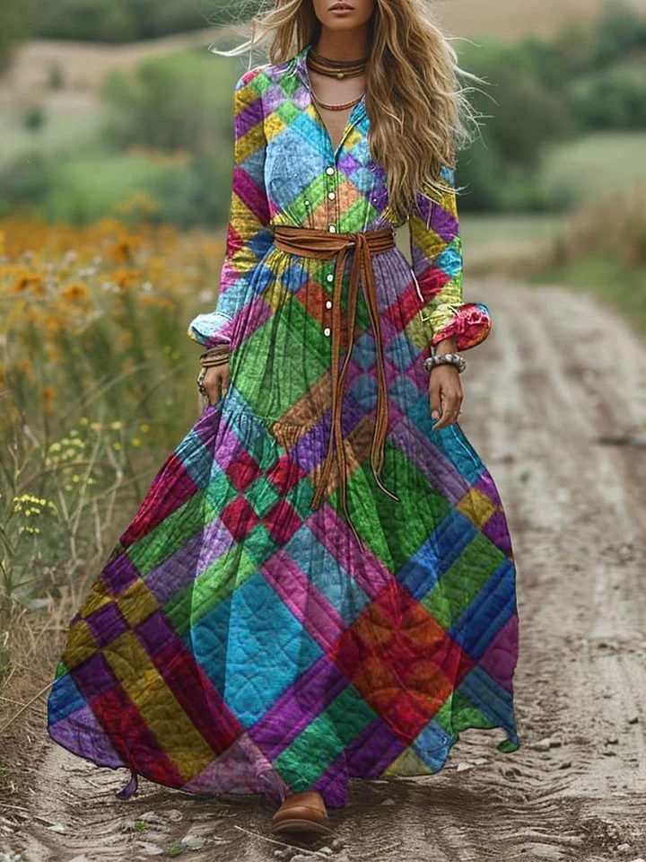 Women's Colorful Plaid Print Pocket Cotton Dress