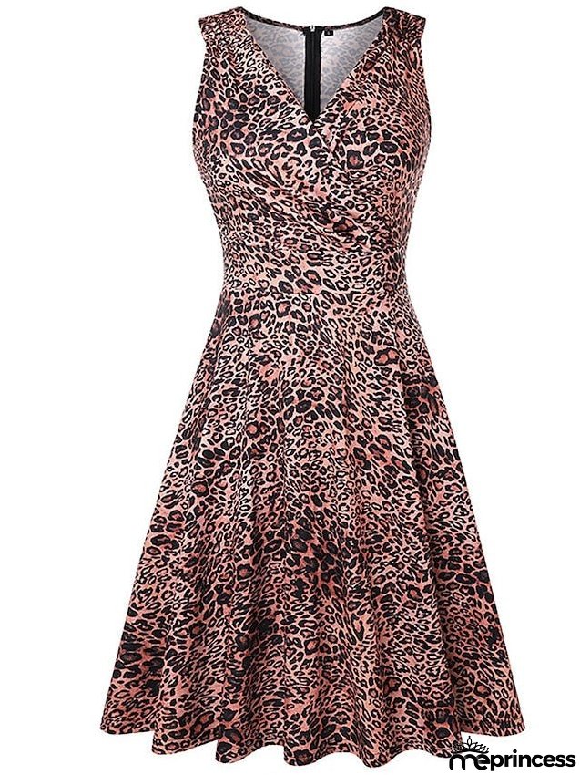 Work Dress Black Dress Semi Formal Dress Fashion Mini Dress Ruched Print V Neck Sleeveless Leopard Slim Leopard Black Wine Spring Summer S M L XL XXL for Women
