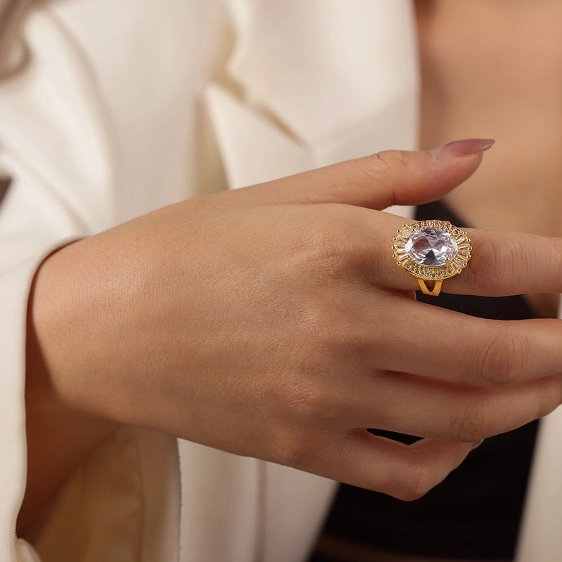 Elegant Minimalist Oval Copper Plating Inlay Zircon 18k Gold Plated Rings