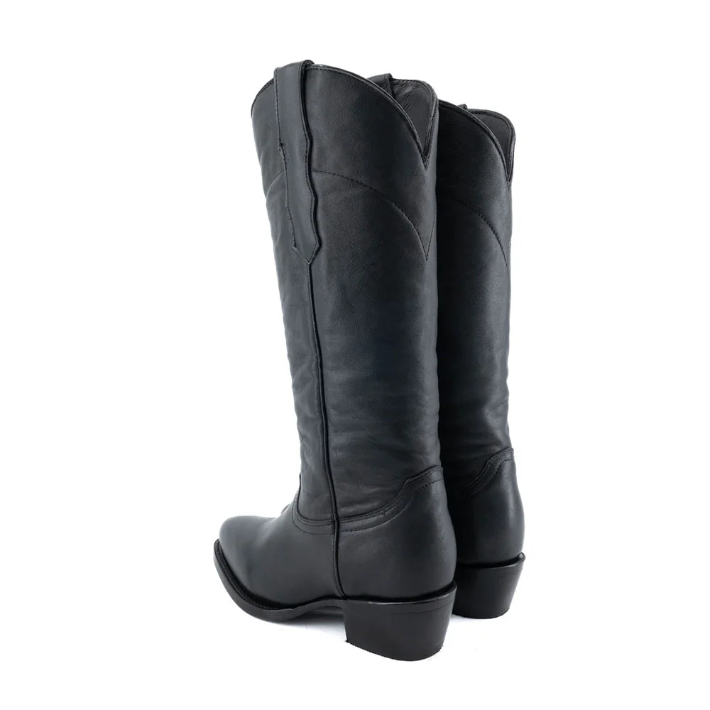 Chunky Heel Round Toe Slip-On Black Western Boots for Women