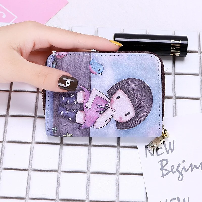 Women Card Holder Wallet PU Leather Female Card Case 9 Bits/10 Bits + 2 Big Position Zipper Card Wallet Cute Characters Card Bag