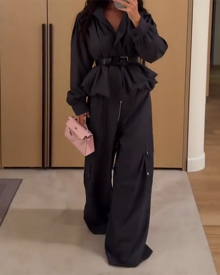 Long-sleeved Pleated Top and Pants Solid Color Two-piece Set Without Belt