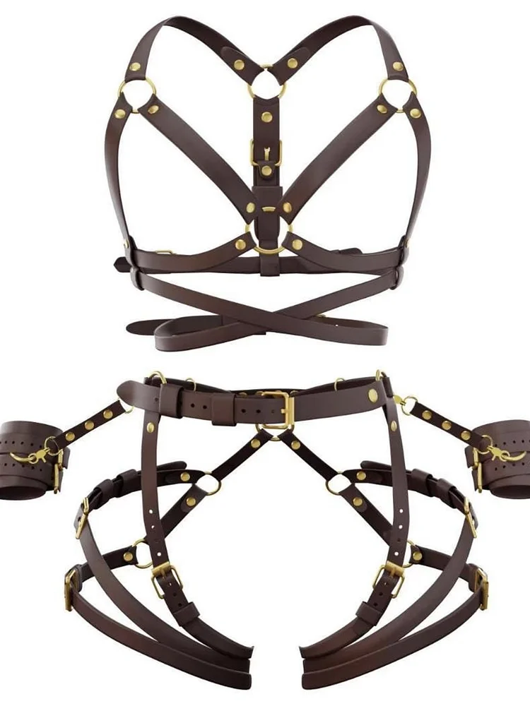 pornhint Pornhint Burgundy BDSM Kit, Body Harness Set, Wrist Cuffs, Butt Harness, Bondage Harness Garter Belt Lingerie, Festival Costume, Leather Harness Set leather body harnesses for women