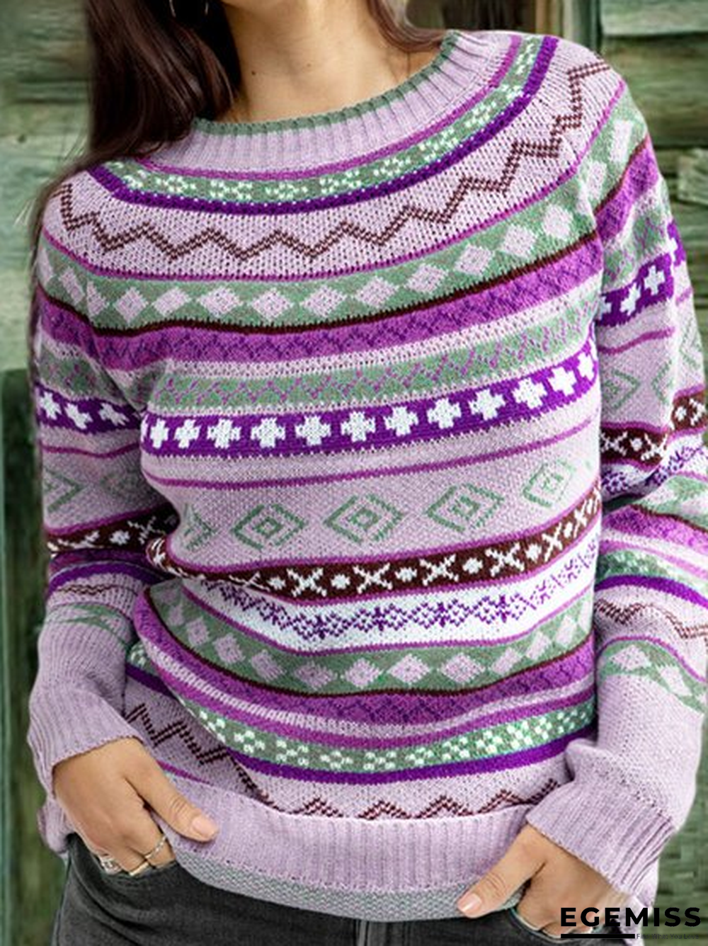 Color-Block Crew Neck Long Sleeve Geometric Sweater | EGEMISS