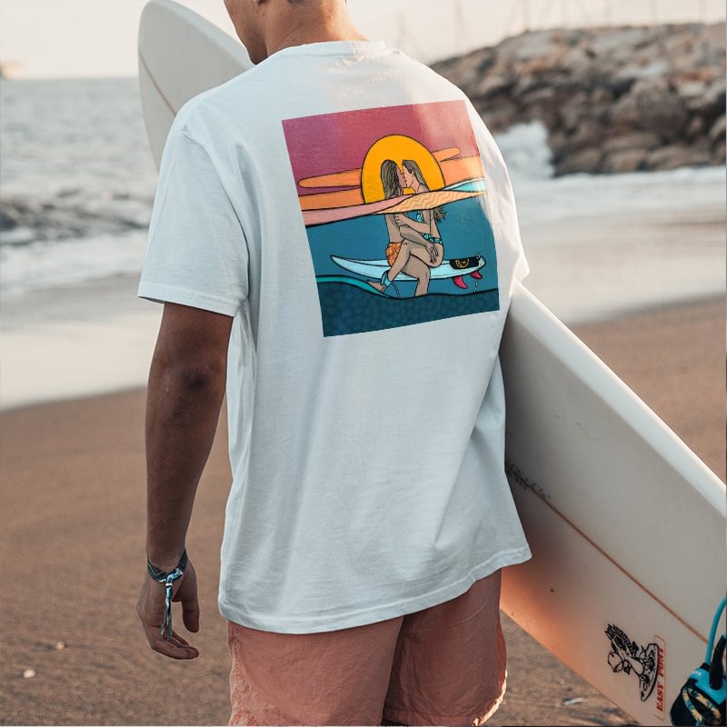 Vintage Surfing Couple Print Vacation T-shirt