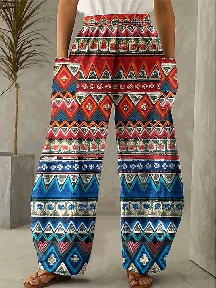 Women's Slim-Fit Retro Ethnic Print Trousers - Vibrant Geometric Pattern, Machine Washable Digital Print, Spring/Fall Casual & Office Wear, Cute Leggings, Spring Fall Attire, Stylish Commuting Pants, Comfortable Fit Pant