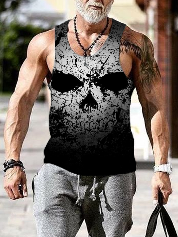 Men's Skull Graphic Round Neck Casual Tank Top wearshes