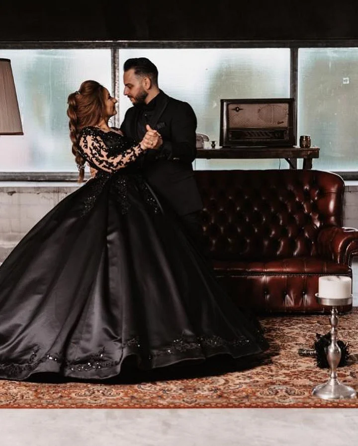 Miabel Classy Satin Black Long Ball Gown Wedding Dress With Sleeves