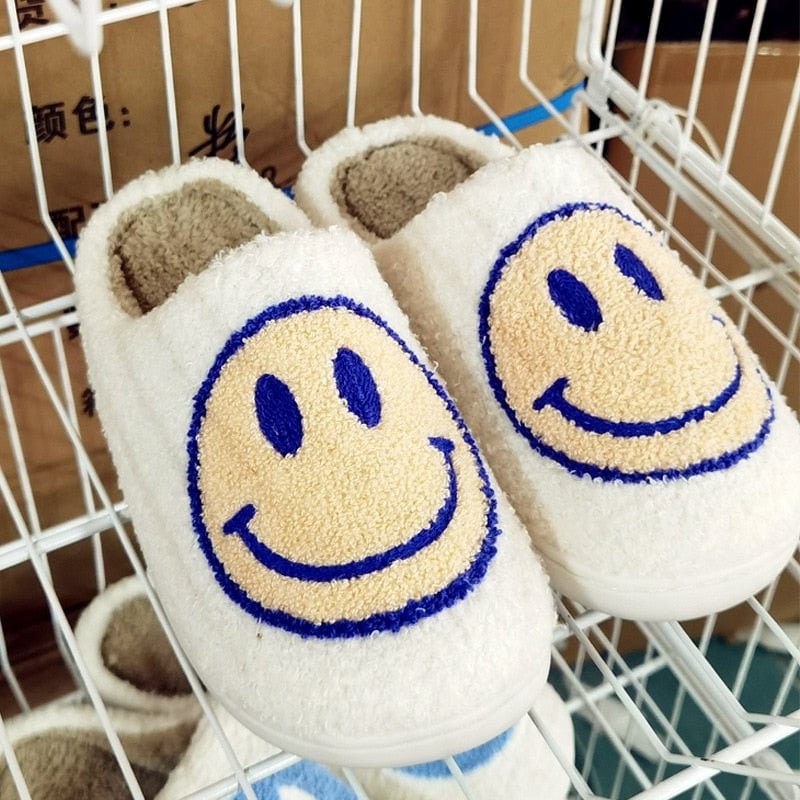 Smiley Face Women Winter Home Fur Slippers Indoor Footwear Cozy Cute Cartoon Pattern Slip on Plush Slides House Ladies Shoes