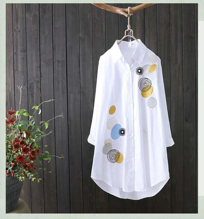 White Shirt 100% cotton Casual Wear Button Up Turn Down Collar Long Sleeve Blouse Embroidery Feminina HOT Sale  New Women