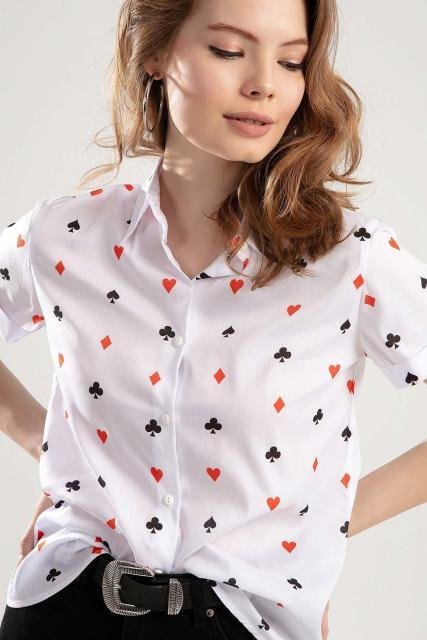 Women White Cards Printed Double Sleeve Shirt Shirts Fashion - Shop Trendy Women's Fashion | TeeYours