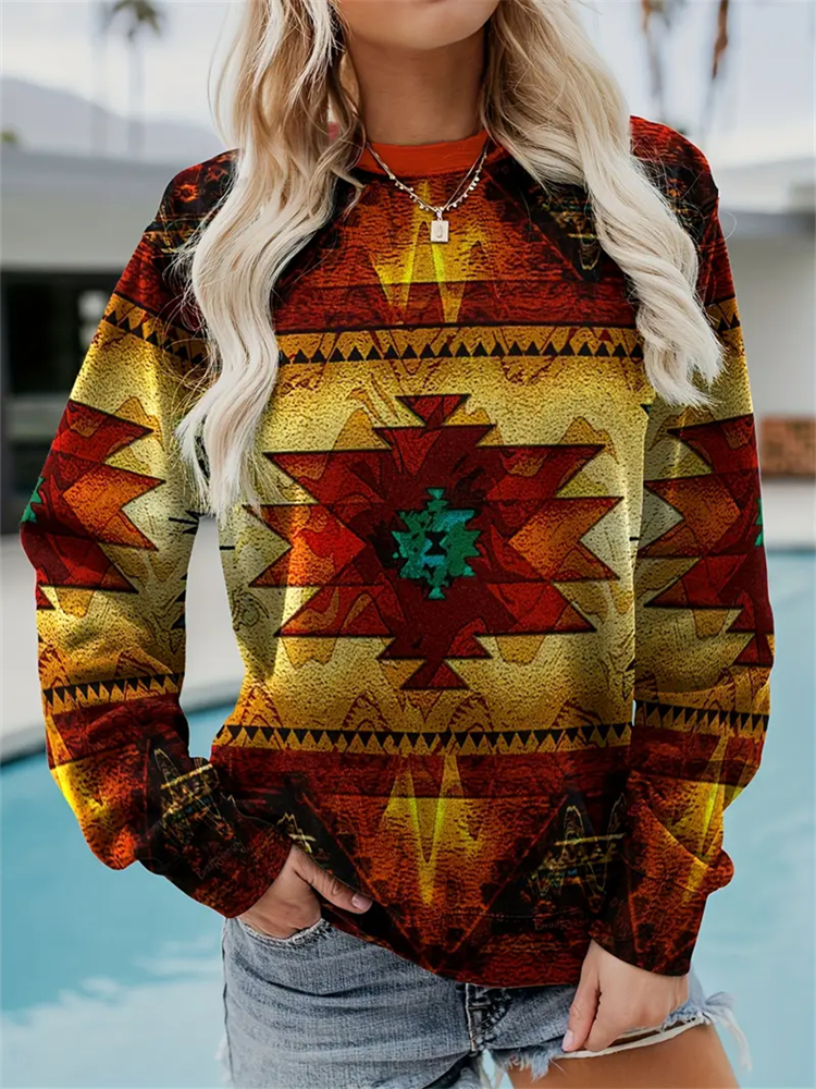  Aztec Print Crew Neck Pullover Sweatshirt Westsshops
