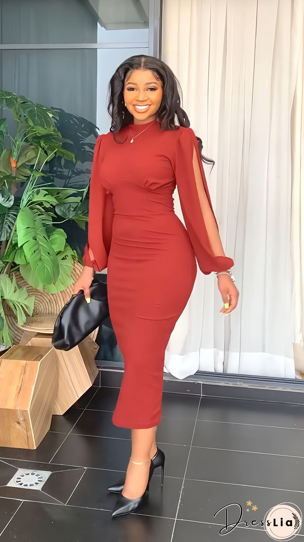 Elegant Solid Lantern Sleeve Maxi Pencil Dress