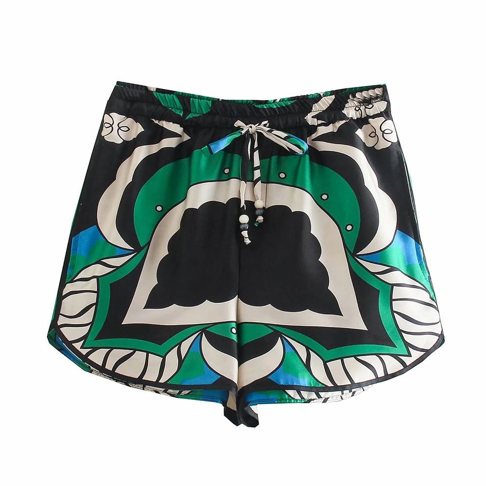 TRAF Women Fashion Side Pockets Printed Bermuda Shorts Vintage High Elastic Waist Side Vents Female Short Pants Mujer