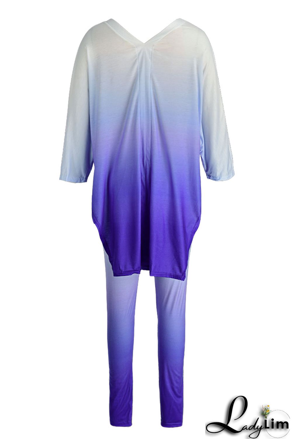 Black Casual Gradual Change Print Patchwork Slit V Neck Half Sleeve Two Pieces