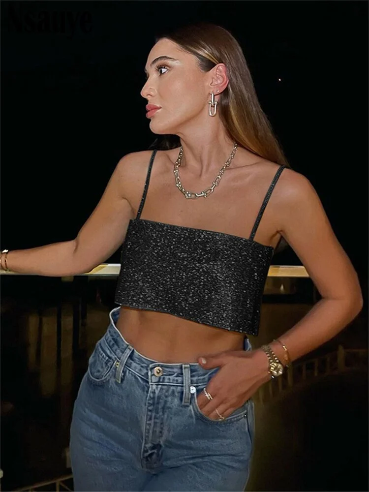 Nsauye Female Off Shoulder Sexy Women Night Club Aesthetic Short Tank Top Strap Sleeveless Party Bling Crop Tops Y2K 2022 Summer