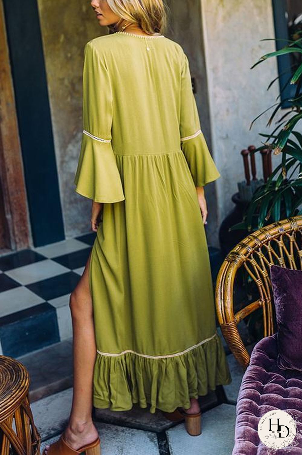 Embroidery Flares Sleeve Maxi Dress