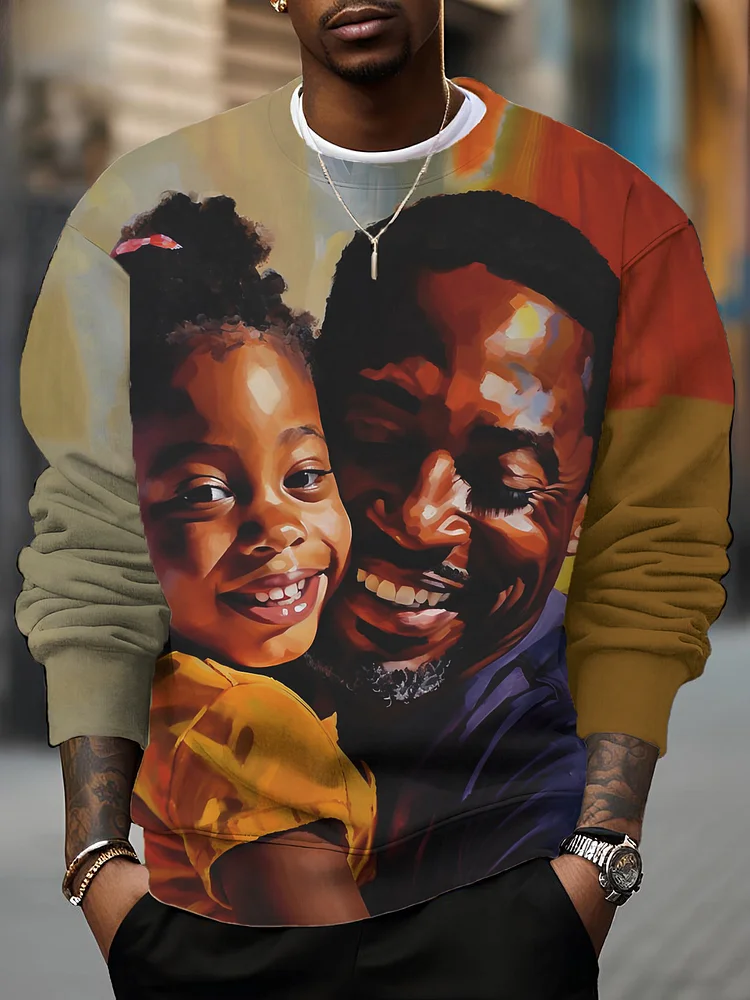 Men's Happy Black Father And Daughter Painting Print Casual Sweatshirt