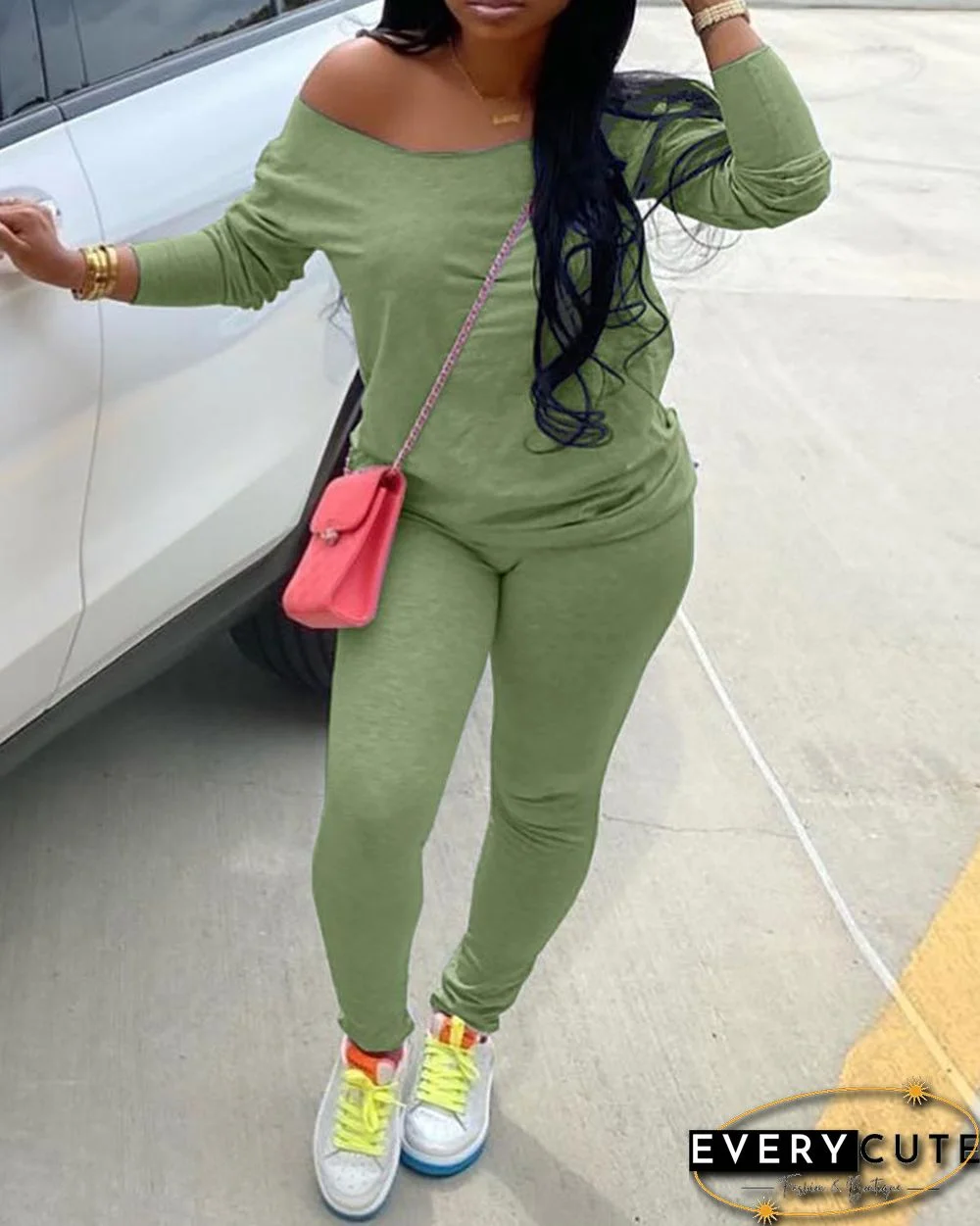 Solid Long Sleeve Top & Fitted Pants Set P15210