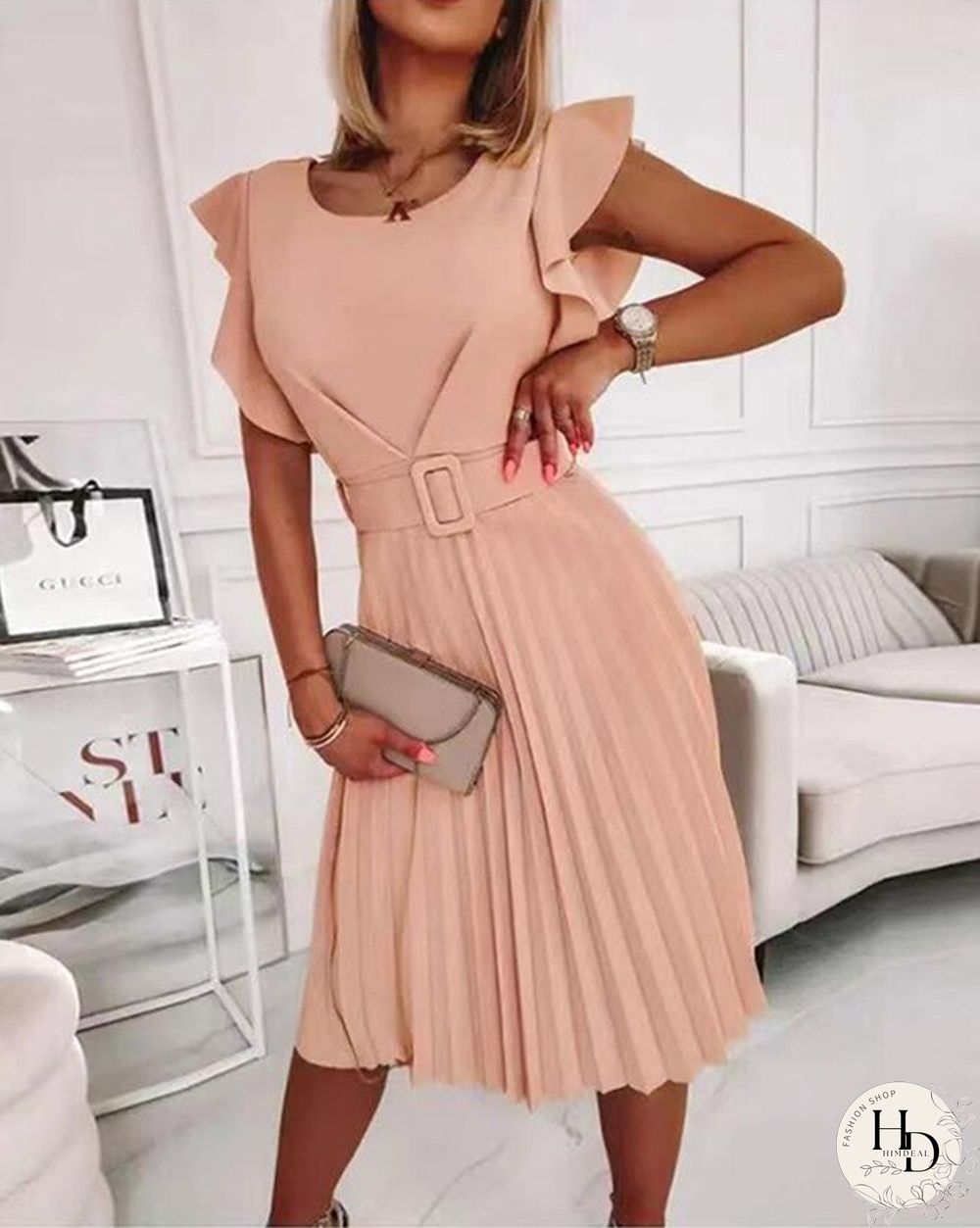 Summer Boho Dress Women's New Round Neck Waist Pleated Flounce Dress With Belt Vestidos De Mujer