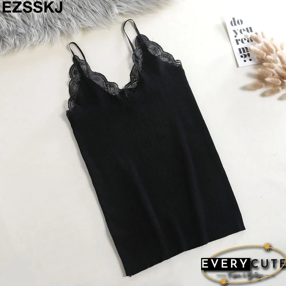 Sexy Basic Lace Camisole Summer Knit Tank Top Women Adjustable strap female camis high