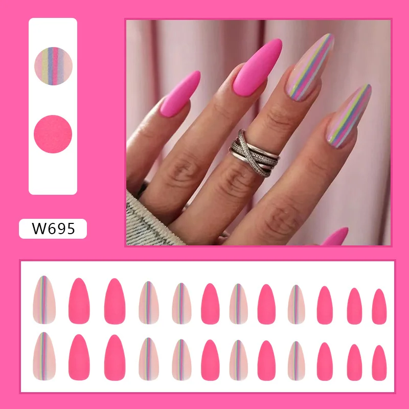 Churchf Churchf Colorful Stripe Almond Nail Red Girl Nail Fake Nail Piece