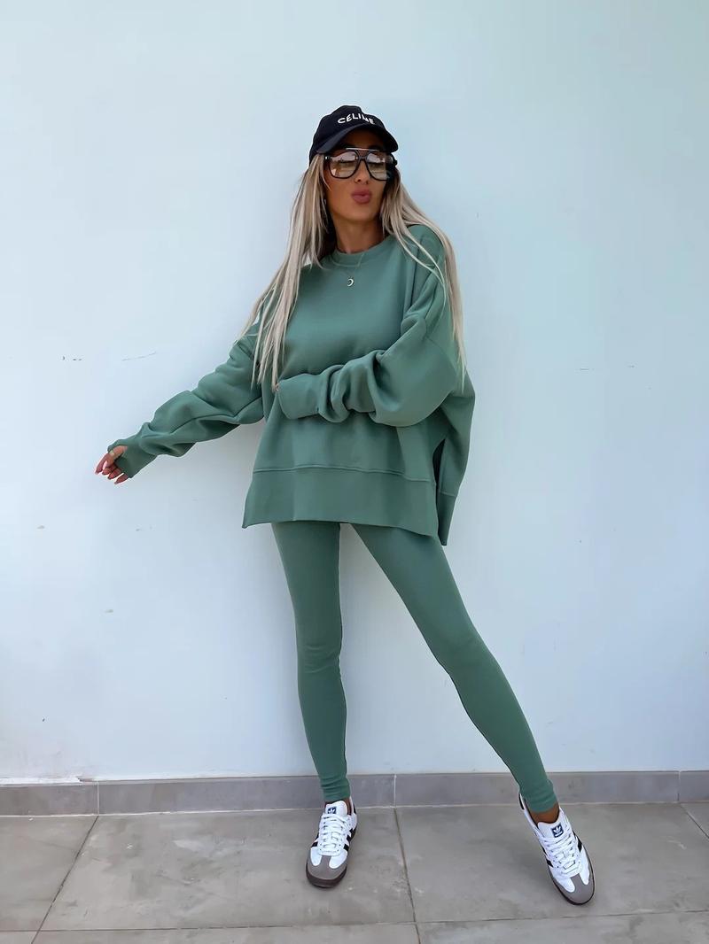 Oversize Two-Piece Set Women's Split Hem Sweatshirt & Skinny Pants, Casual Fashion Cozy Round Neck Long Sleeve Pullover Women's Clothing for Fall & Basic Winter Suits Womenswear Gamis