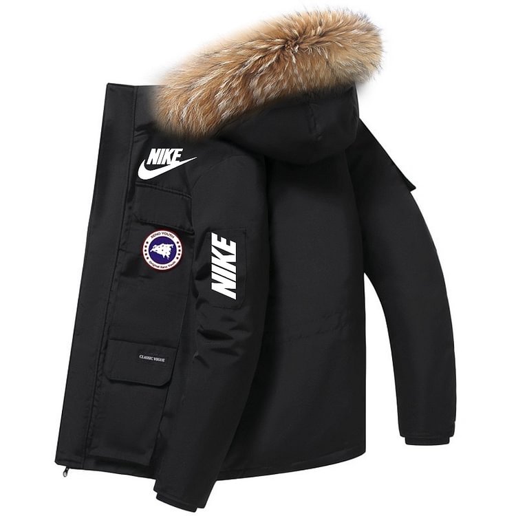 NIKE Puhasta snemljiva plišasta jakna velike velikosti z ovratnikom iz pravega krzna