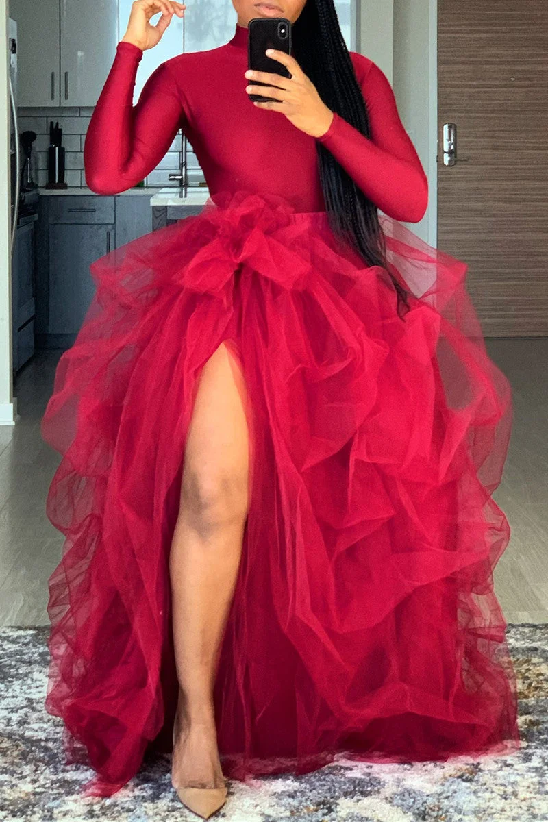 Fashion Casual Solid Slit Asymmetrical Plus Size High Waist Mesh Skirt