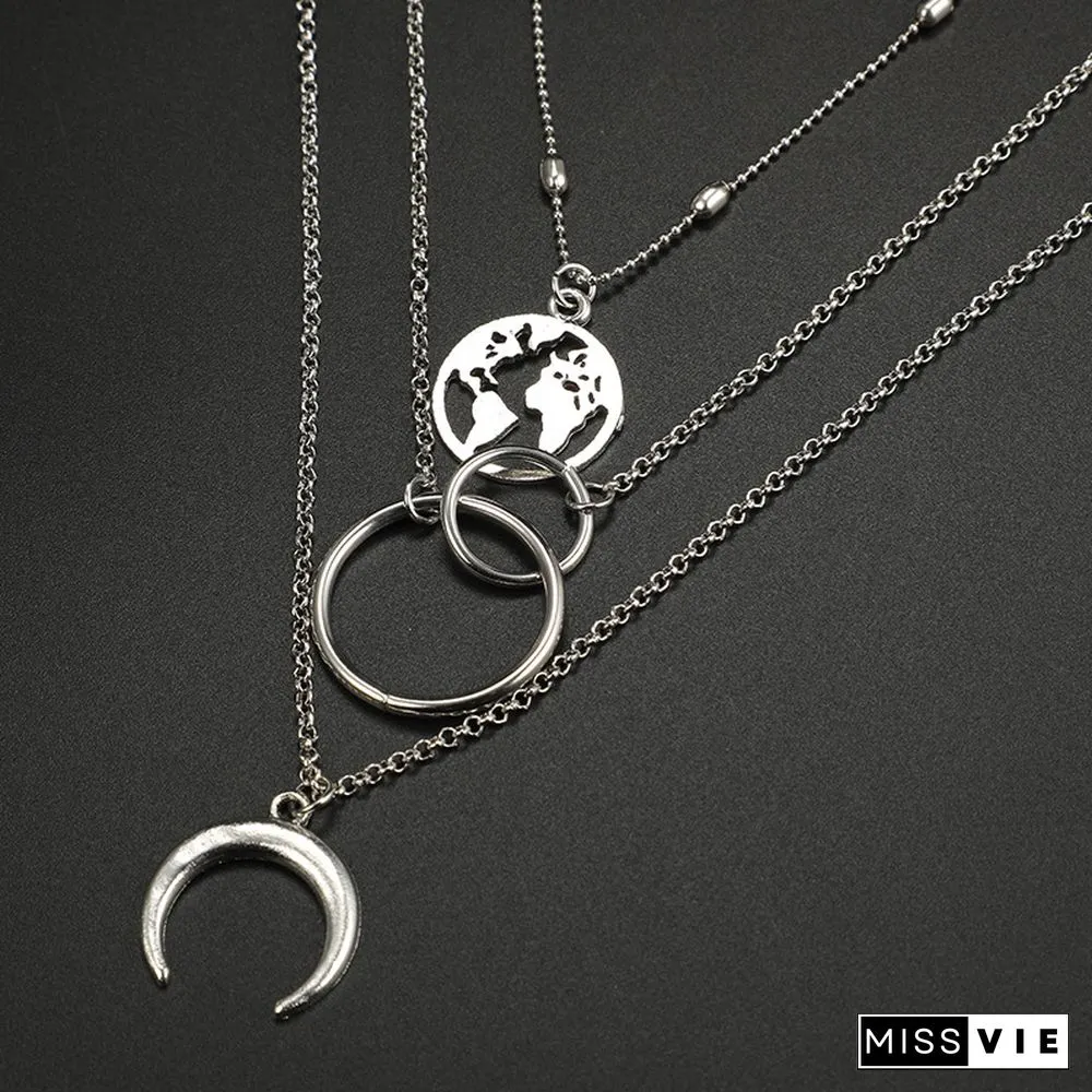 Fashion Women Multi-Layer Moon Map Necklace