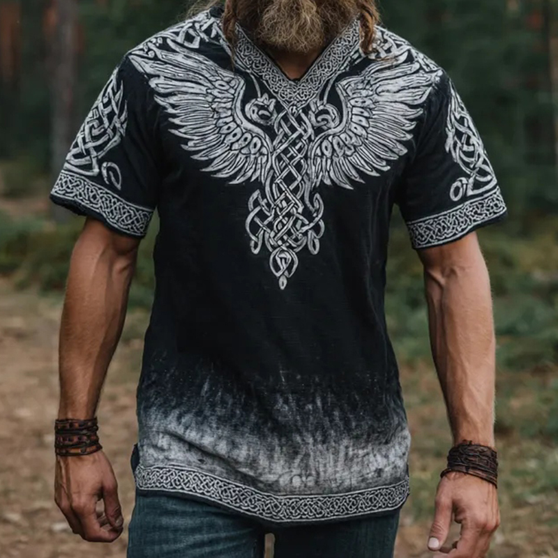 Comstylish Men's Vintage Viking Wings Art Casual Linen V-neck T-shirt