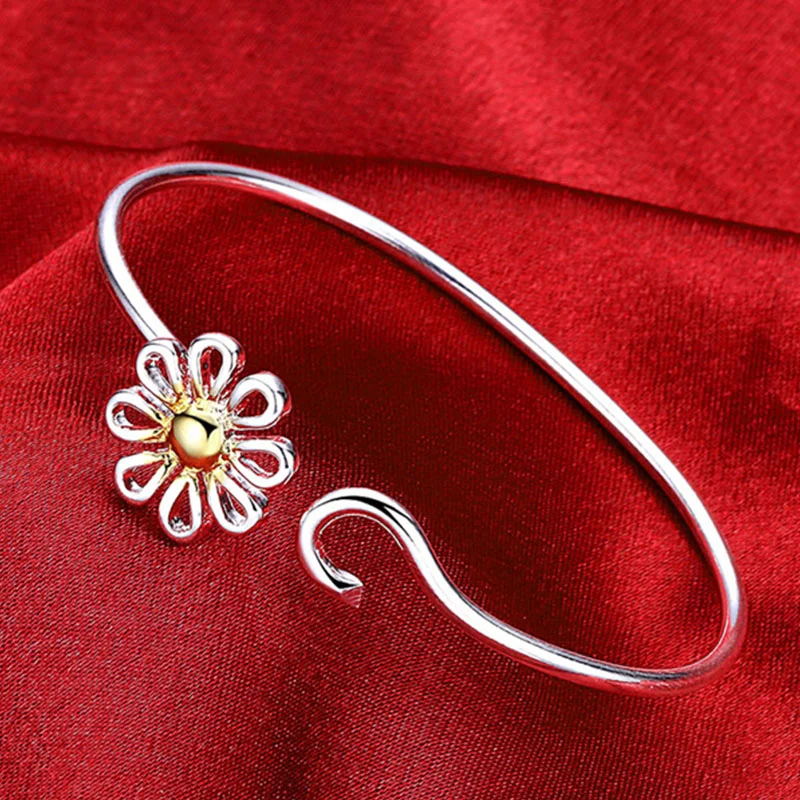 DOTEFFIL 925 Sterling Silver Gold Flowers Bangle Bracelet For Woman Jewelry