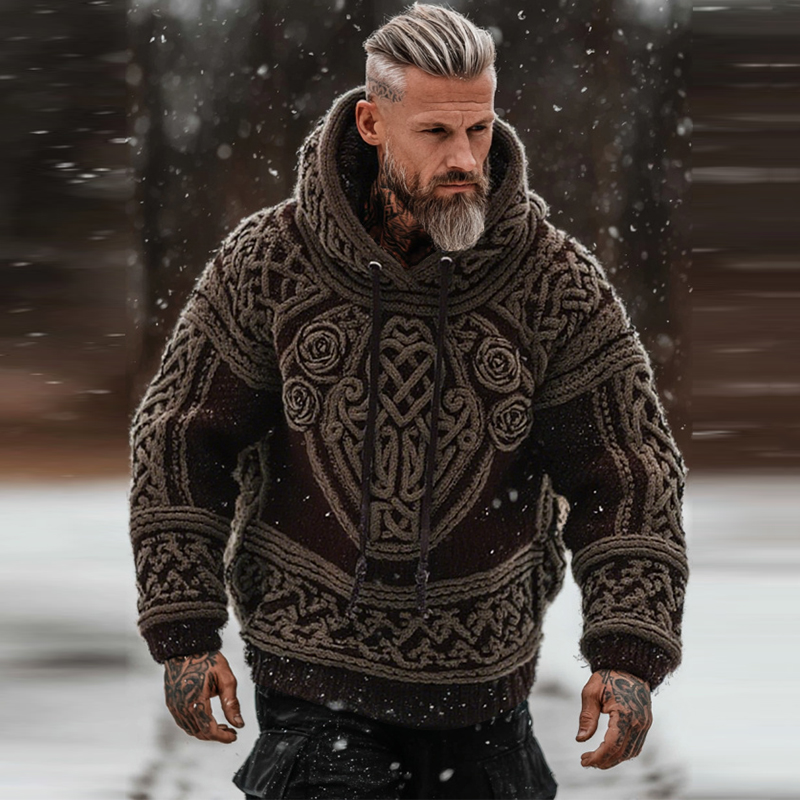 Men's Viking Tribal Jacquard Celtic With Rose Inspired Chunky Knit Hooded Sweater  artssus