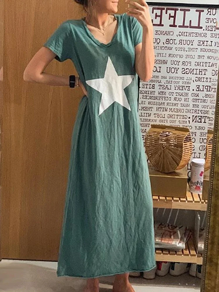 Star Cotton-Blend V Neck  Casual Dresses-Mayoulove