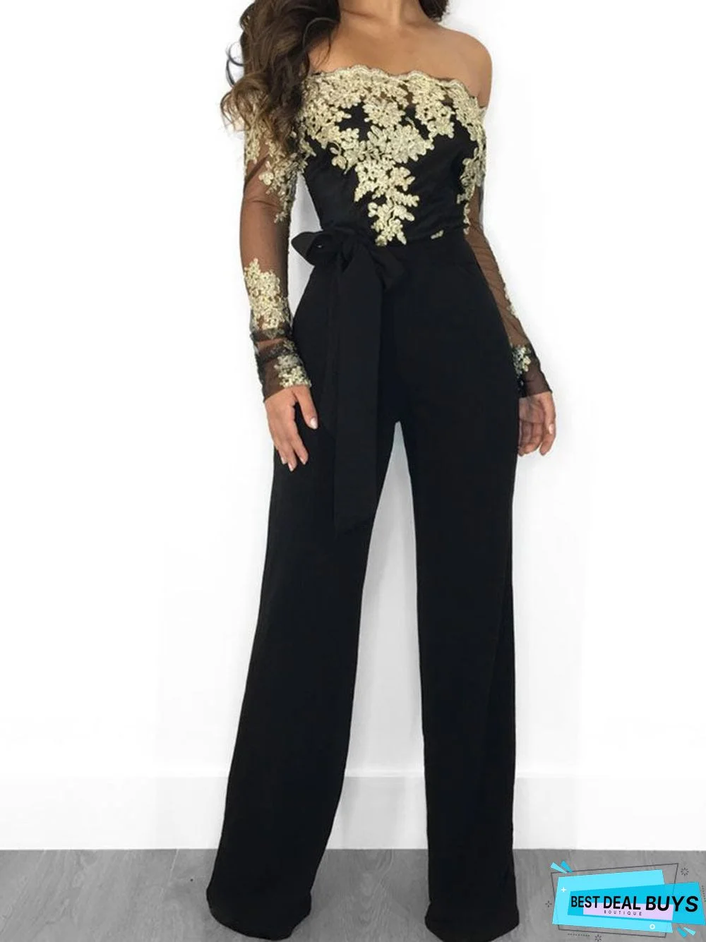 Floral Lace Long Sleeve Patchwork Belted Jumpsuits