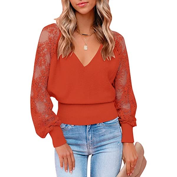 Women's Long Sleeve V Neck Lace Patchwork Backless Comfy Knit Pullover Sweater Tops