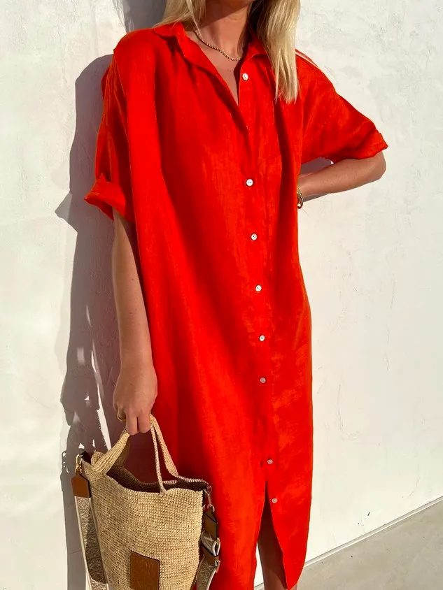 Women Elegant Casual Loose Half Sleeve Button Down Front Half Sleeve Cotton Linen Dress