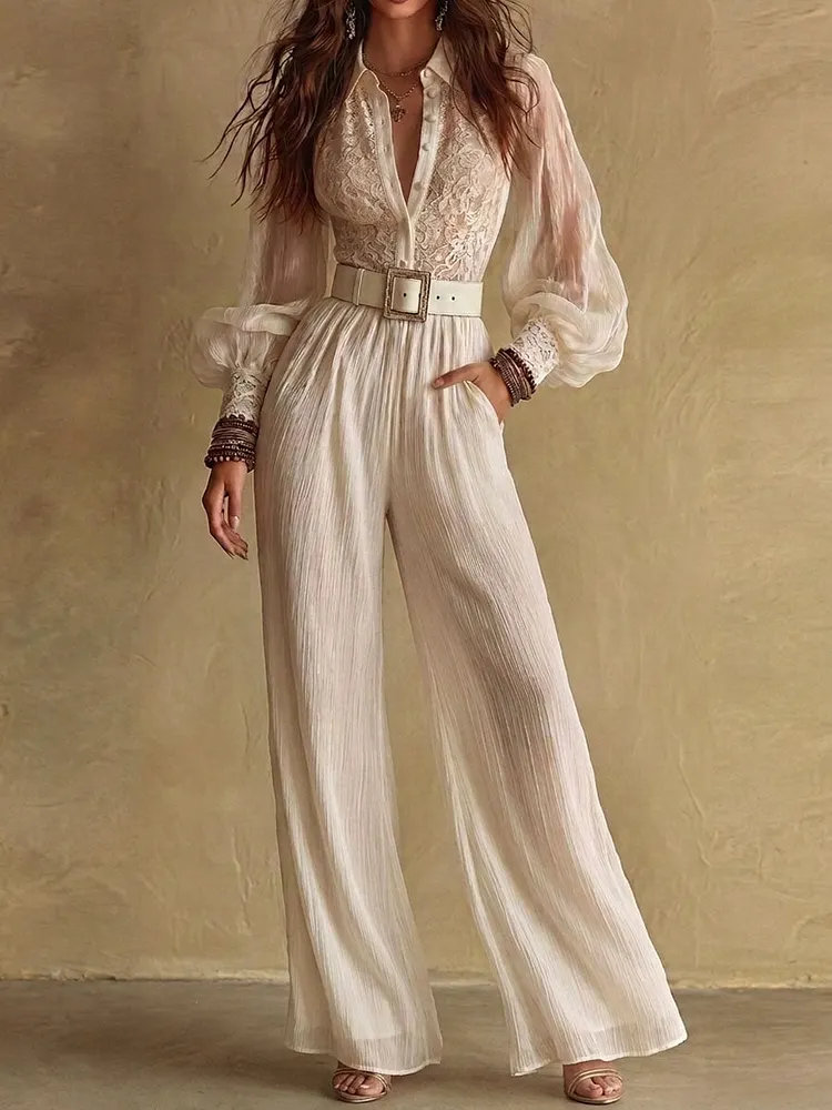 Boho Romantic Cream Lace Patchwork Crinkle Wide Leg Jumpsuit