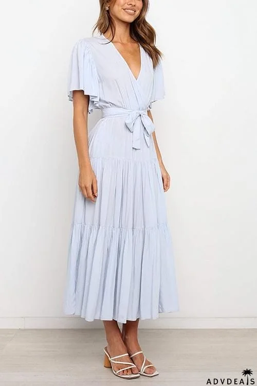 Solid Ruffles Belted Maxi Dress