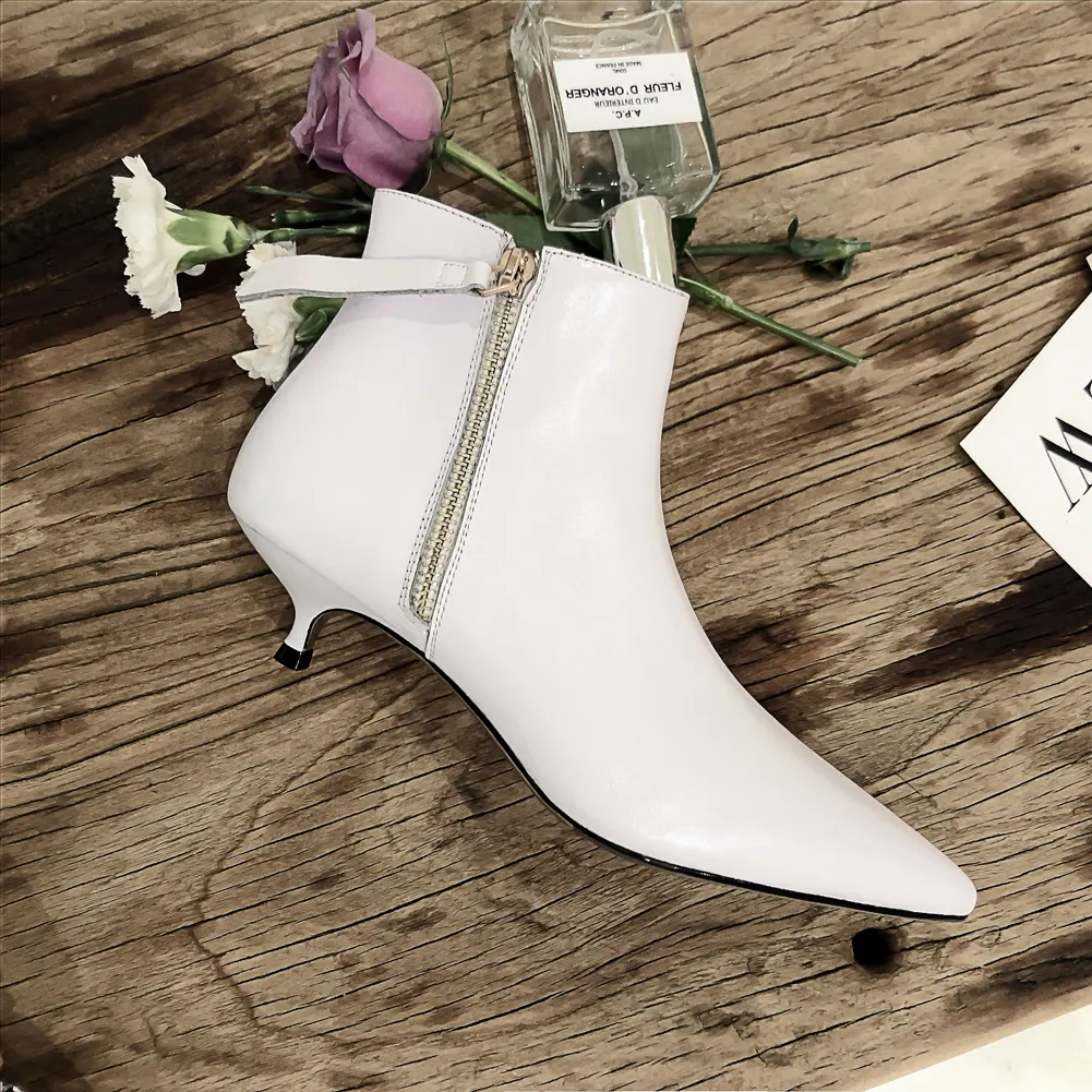 4cm Zipper Leather Kitten Heels Ankle Boots White-vocosishoes
