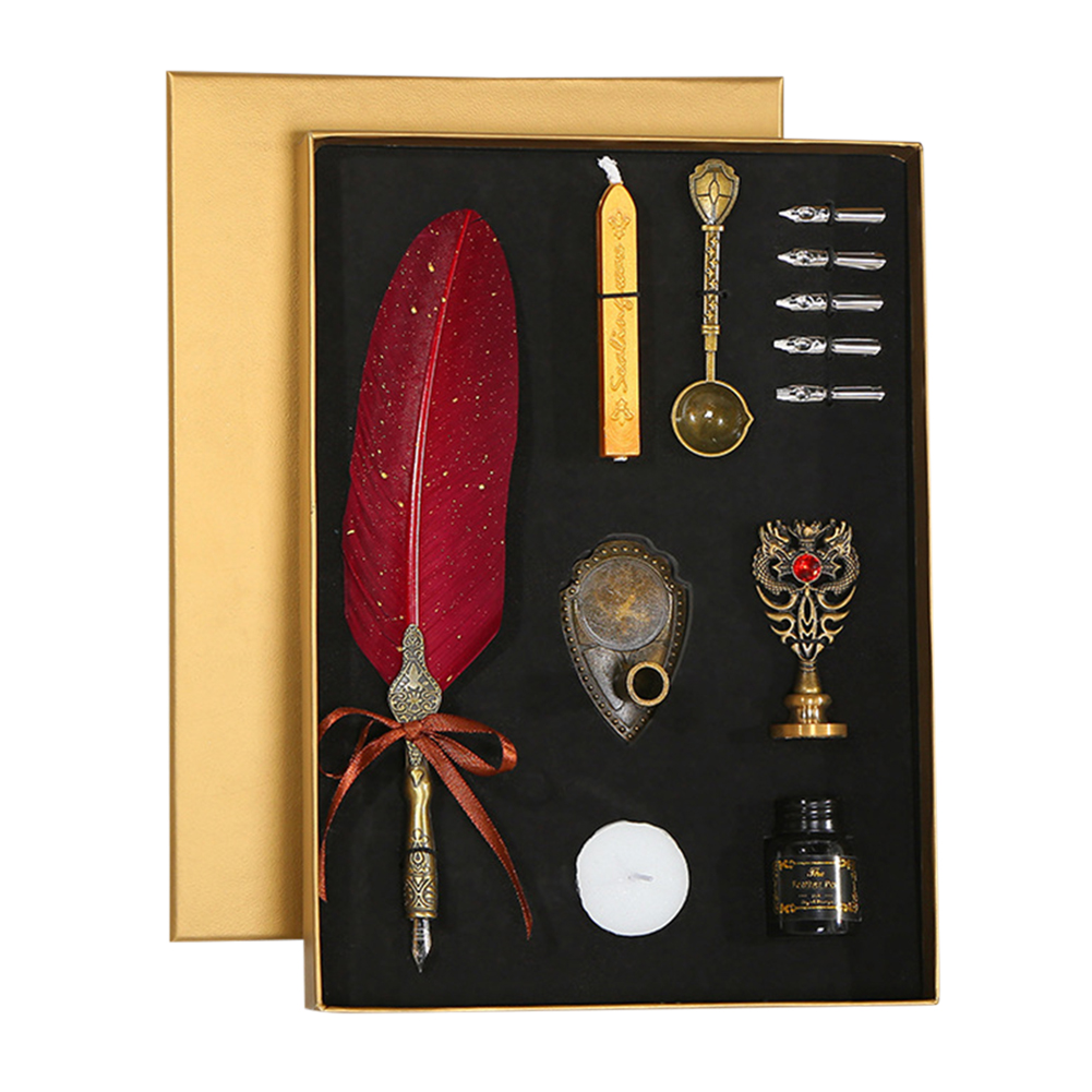 

Red Retro Sprinkling Gold with Nib Ink Bottle Calligraphy Feather Dip Pen Kit, 501 Original