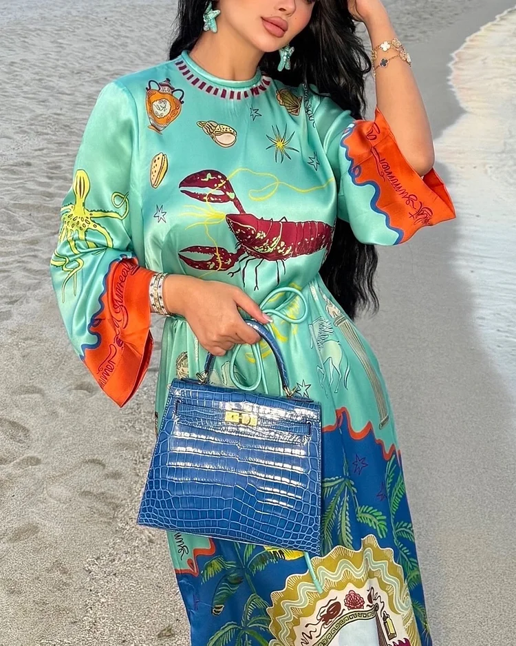 Women's Round Neck Printed Satin Dress
